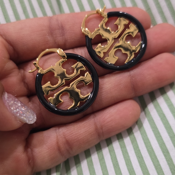 Gold and Black Hoop Earrings - Picture 1 of 1